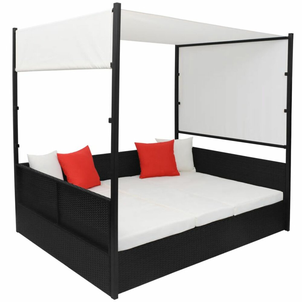 Meubelen-Online - Ligbed met luifel 190x130 cm poly rattan zwart