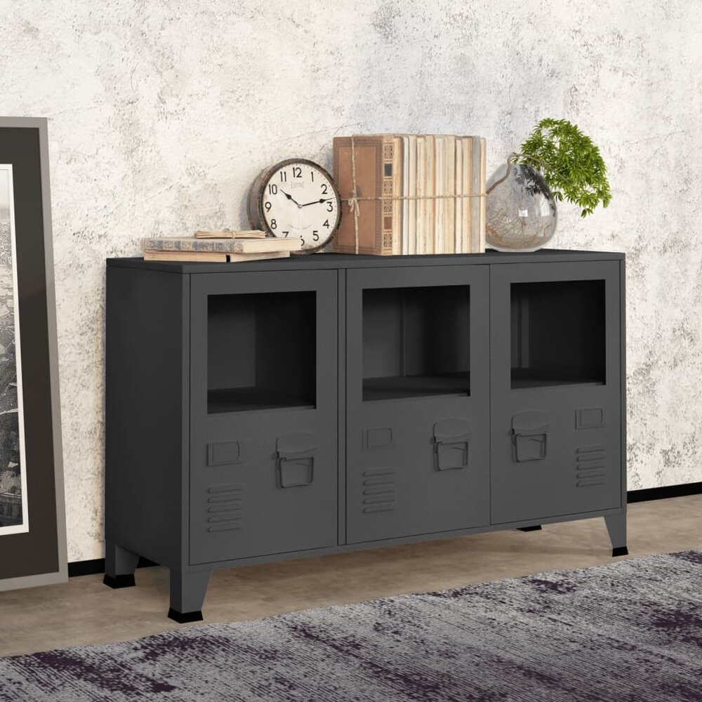 Dressoir industrieel 105x35x62 cm metaal en glas antracietkleur