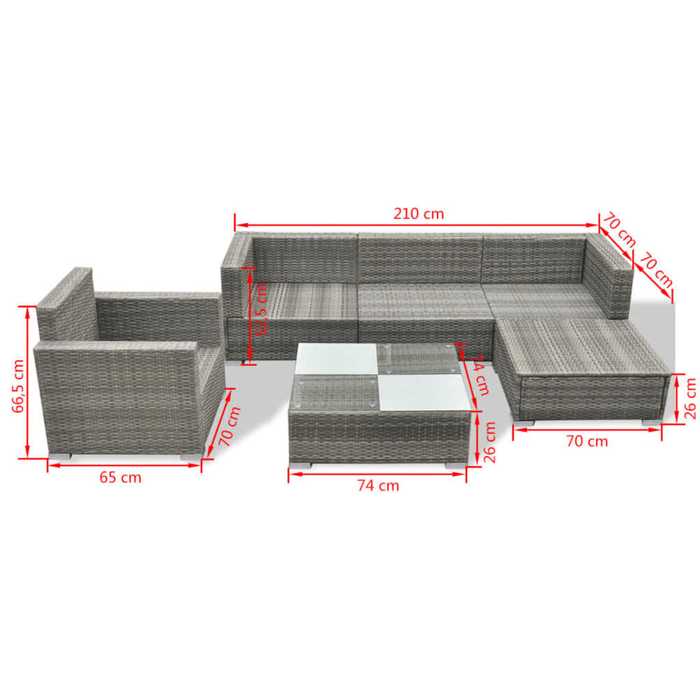 Loungeset Wendy met kussens poly rattan grijs 6-delig