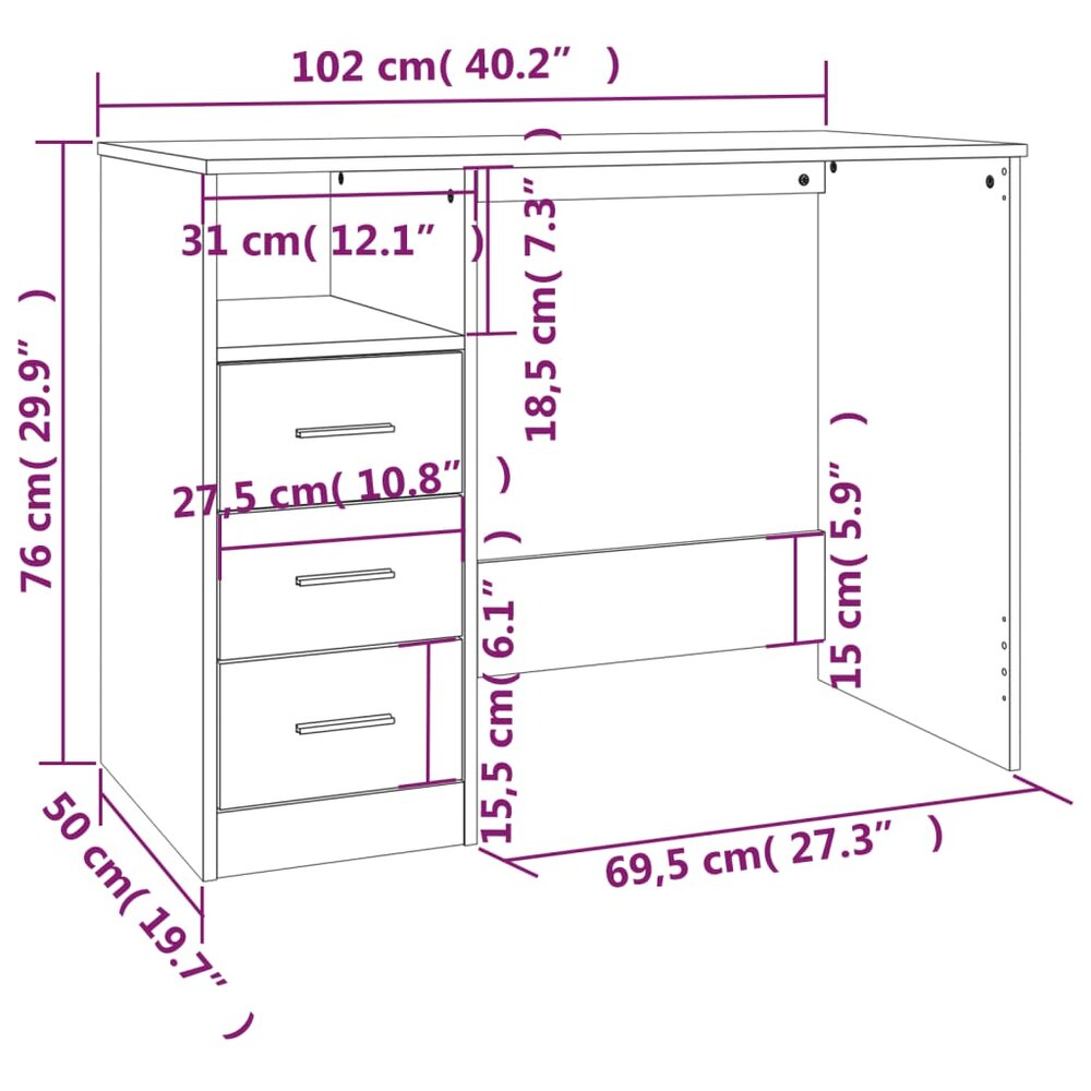 Bureau Met 3 Lades 102X50X76 Cm Hout Grijs
