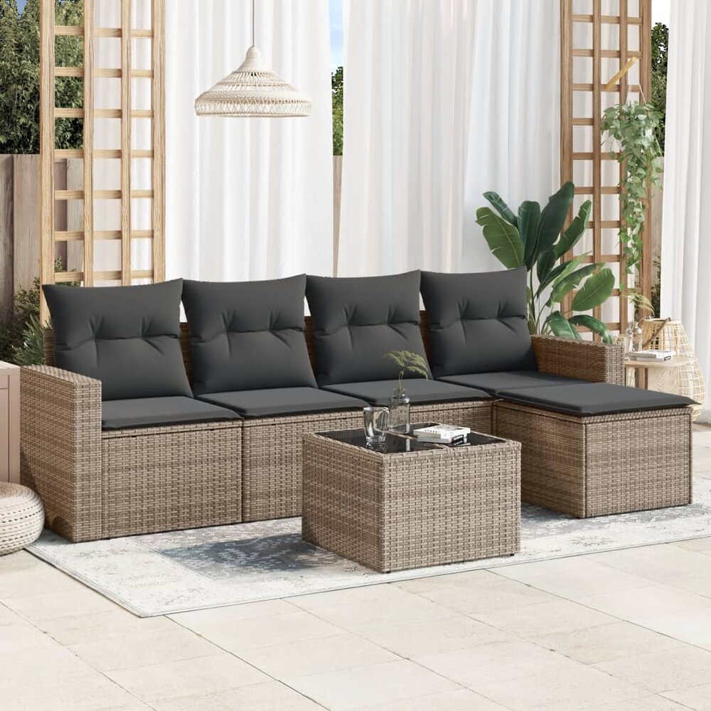 Loungeset Fanny Met Kussens Poly Rattan Grijs Met tafel
