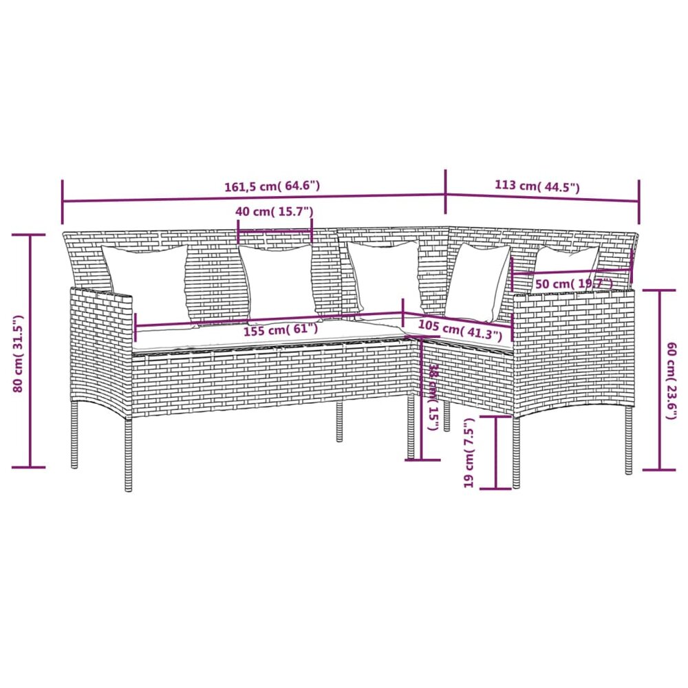 Loungeset Ludo L-vormig met kussens poly rattan bruin