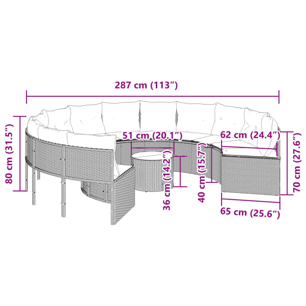 Tuinbank Maxima met tafel en kussens rond poly rattan grijs