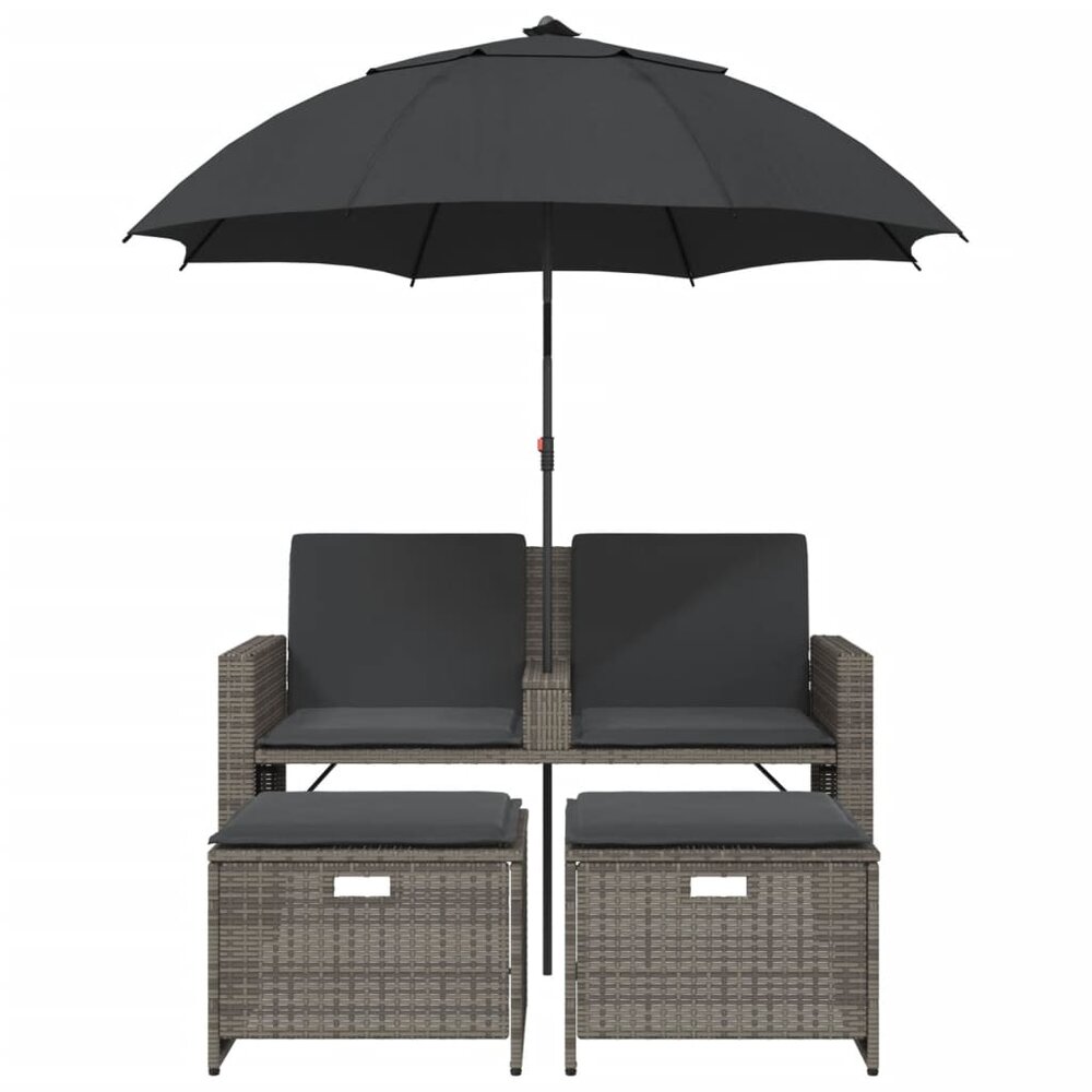 Tuinbank Tango 2-zits met parasol en voetenbanken poly rattan grijs