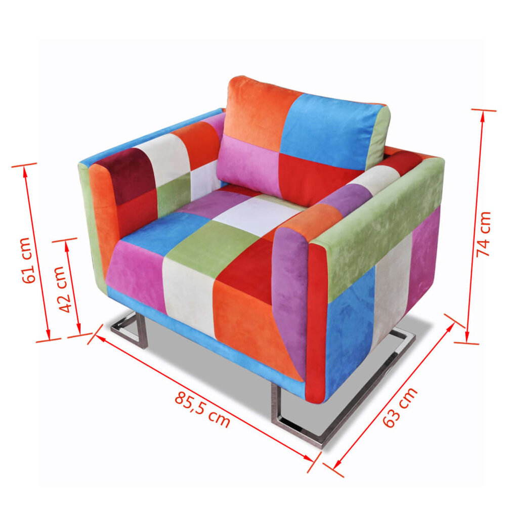 Fauteuil Muze met patchwork ontwerp en verchroomde poten kubus stof