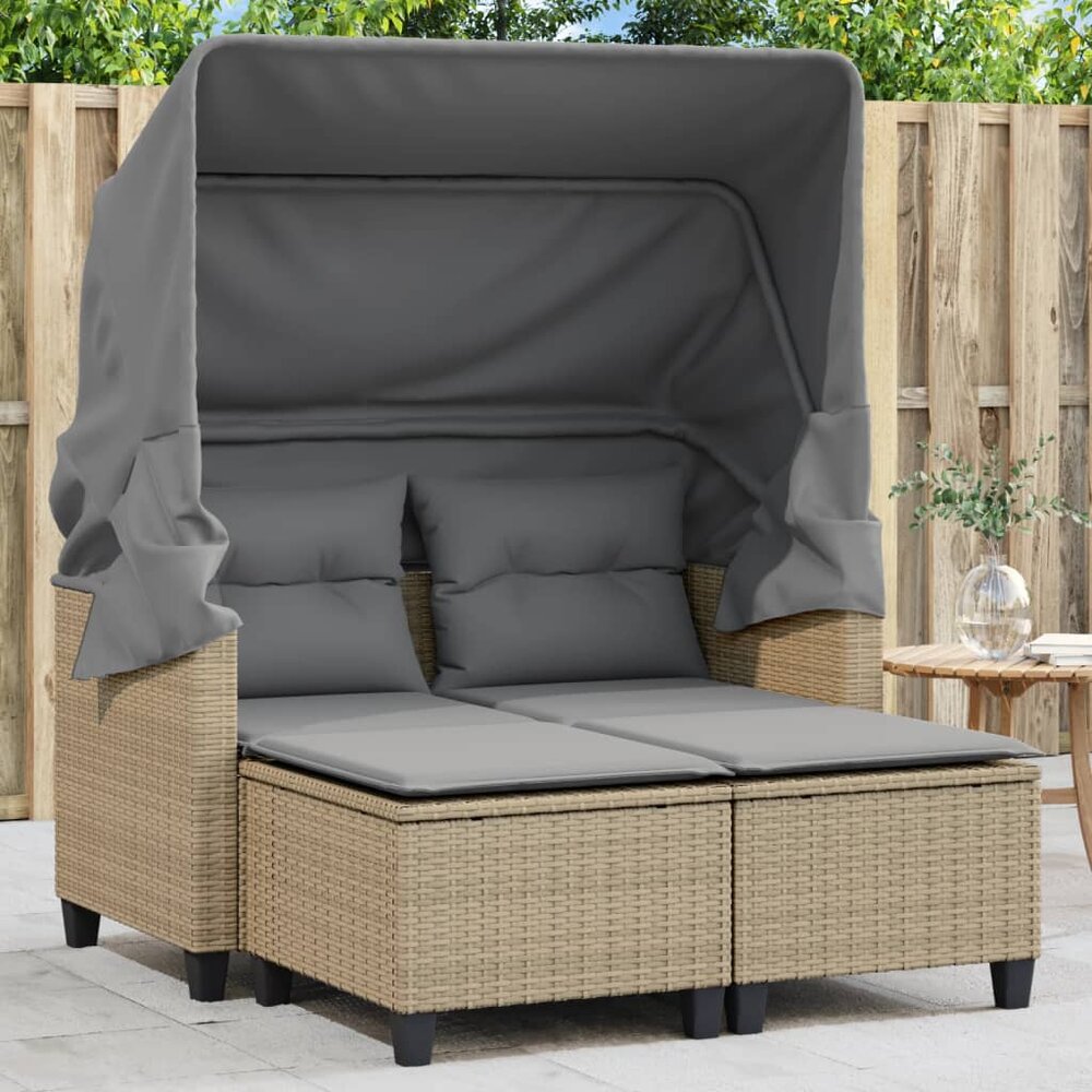 Tuinbank Minoes 2-zits met luifel en voetenbanken poly rattan beige