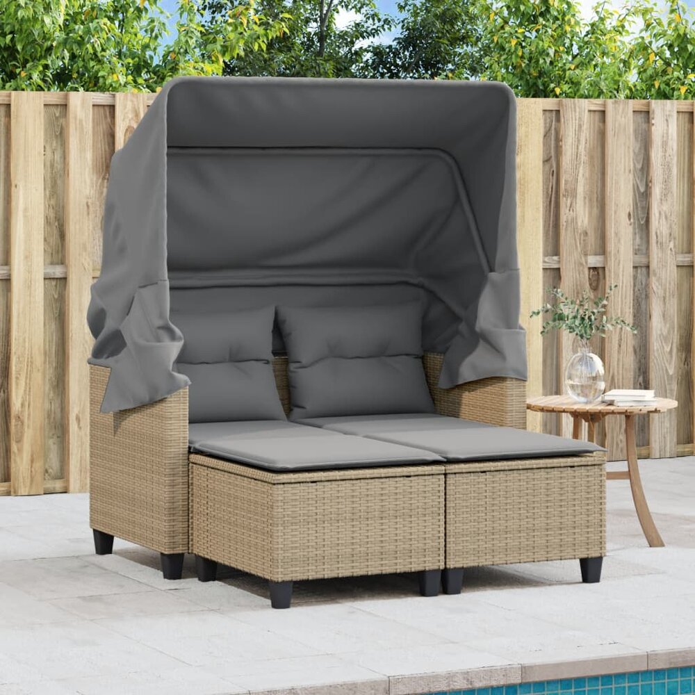 Tuinbank Minoes 2-zits met luifel en voetenbanken poly rattan beige