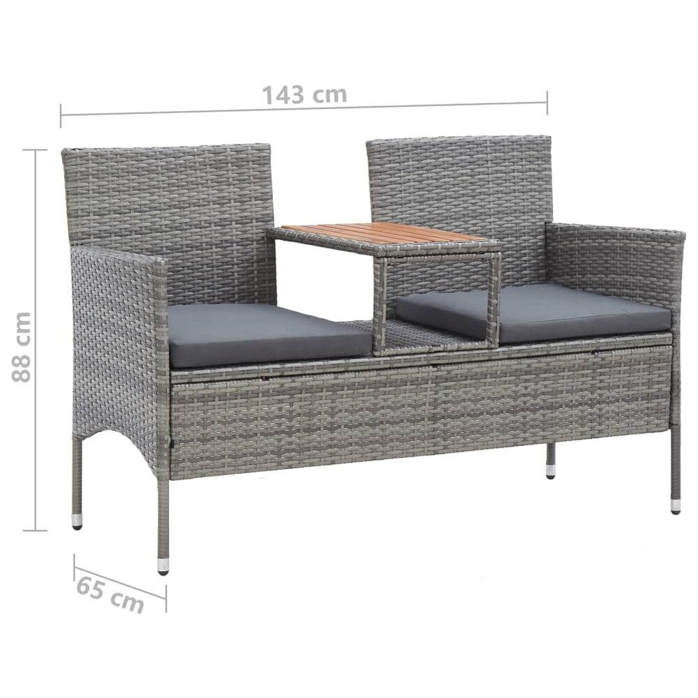 Tuinbank Twin 2-zits met tafeltje 143 cm poly rattan grijs