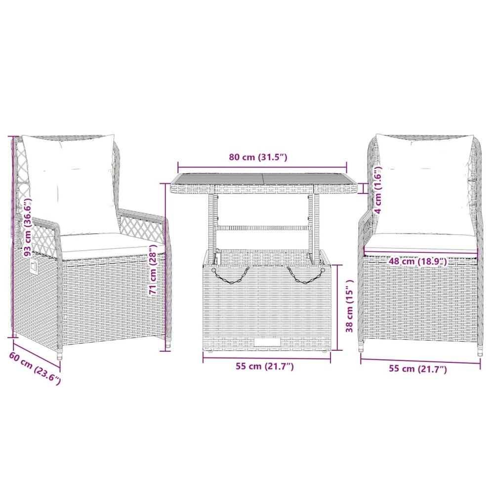 3-delige Tuinset Luxus met kussens poly rattan grijs