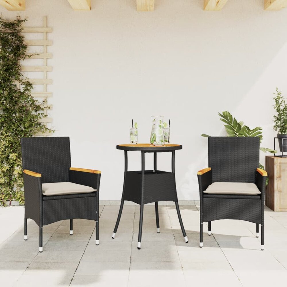 3-delige Tuinset Rasta met kussens poly rattan en acaciahout zwart