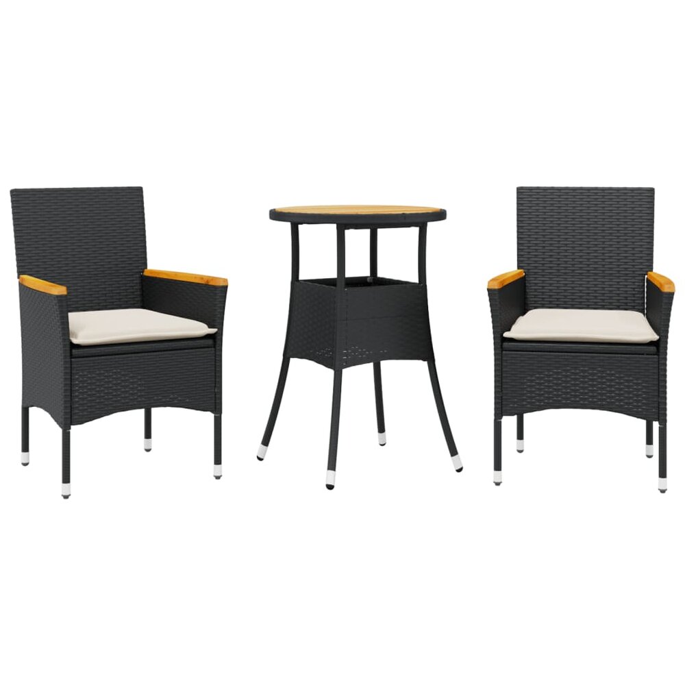 3-delige Tuinset Rasta met kussens poly rattan en acaciahout zwart