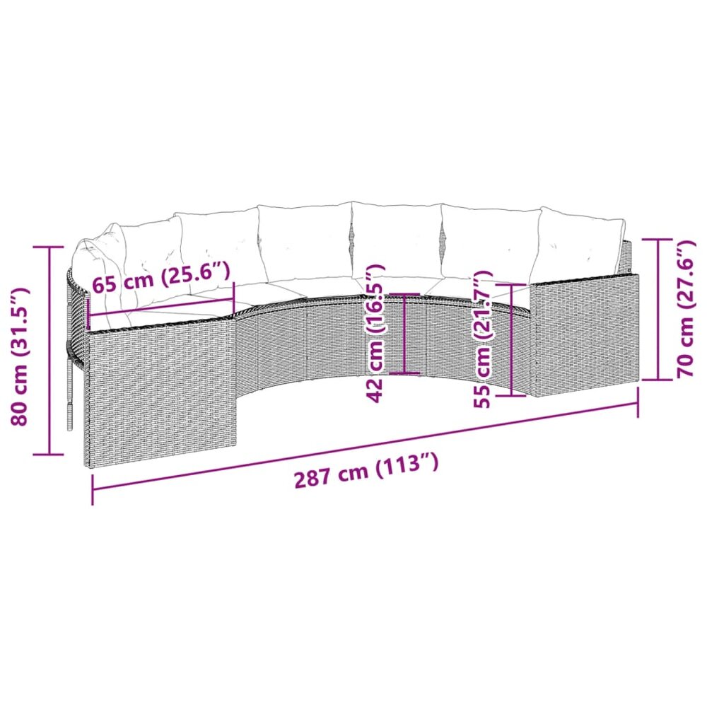 Tuinbank Rondo met kussens halfrond poly rattan grijs