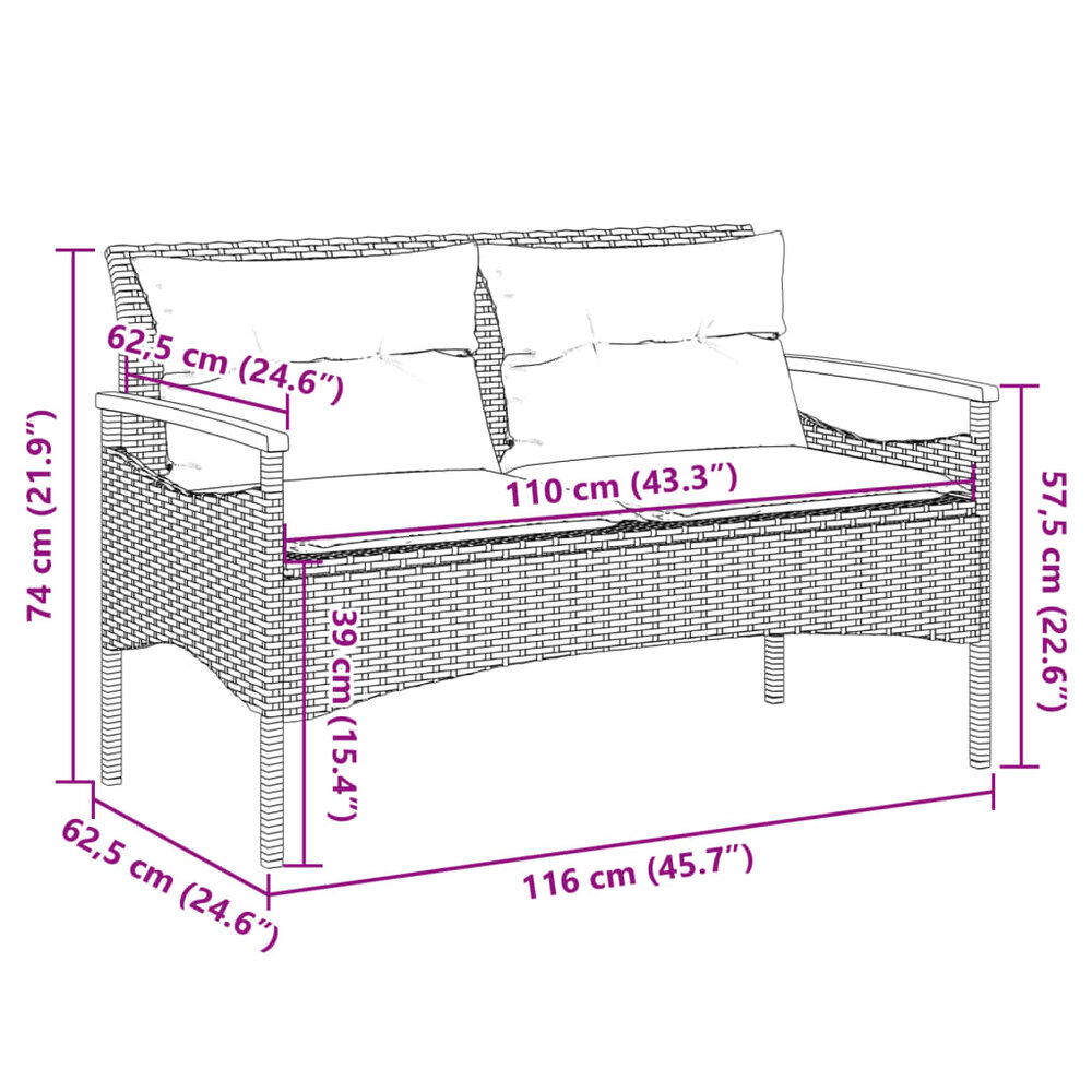 Tuinbank Mezzo met kussens 116x62,5x74 cm poly rattan zwart