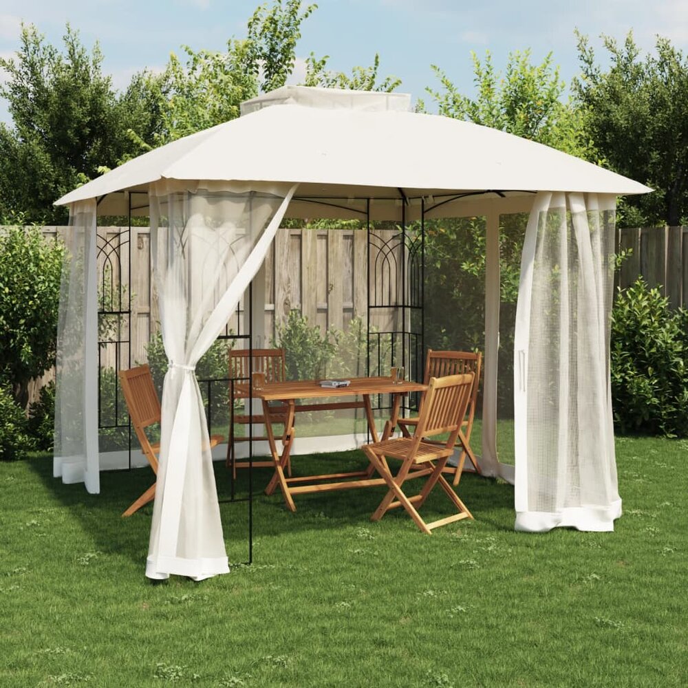 Partytent Prieel zijwanden van gaas en dubbel dak 2,94x2,94 m staal cr&egrave;me