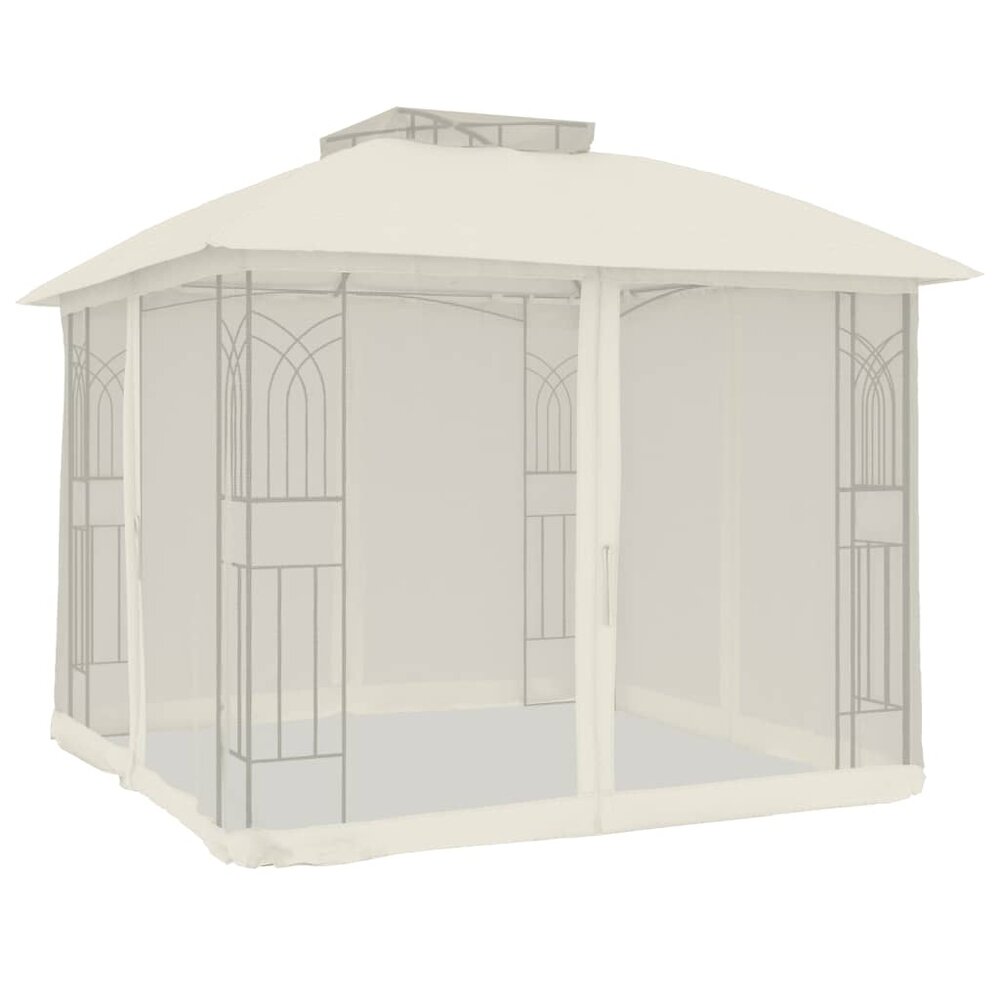 Partytent Prieel zijwanden van gaas en dubbel dak 2,94x2,94 m staal cr&egrave;me