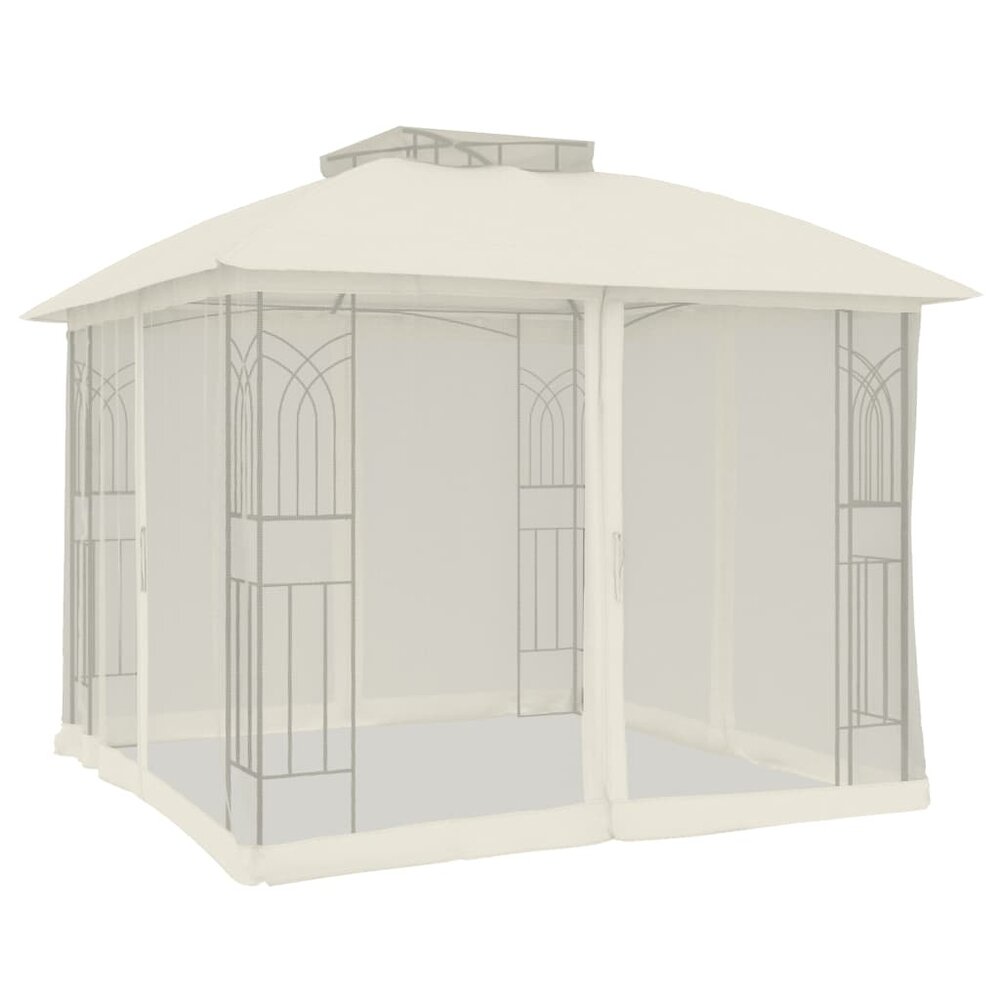 Partytent Prieel zijwanden van gaas en dubbel dak 2,94x2,94 m staal cr&egrave;me