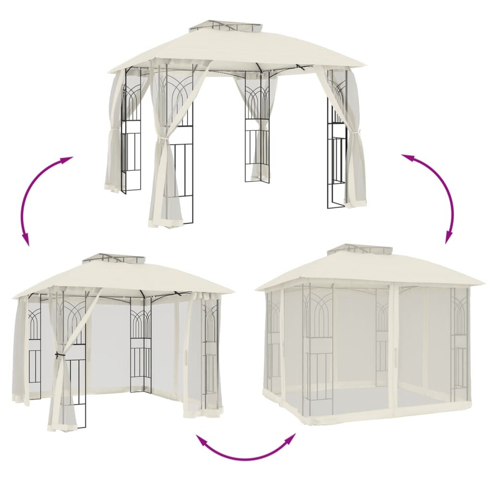 Partytent Prieel zijwanden van gaas en dubbel dak 2,94x2,94 m staal cr&egrave;me