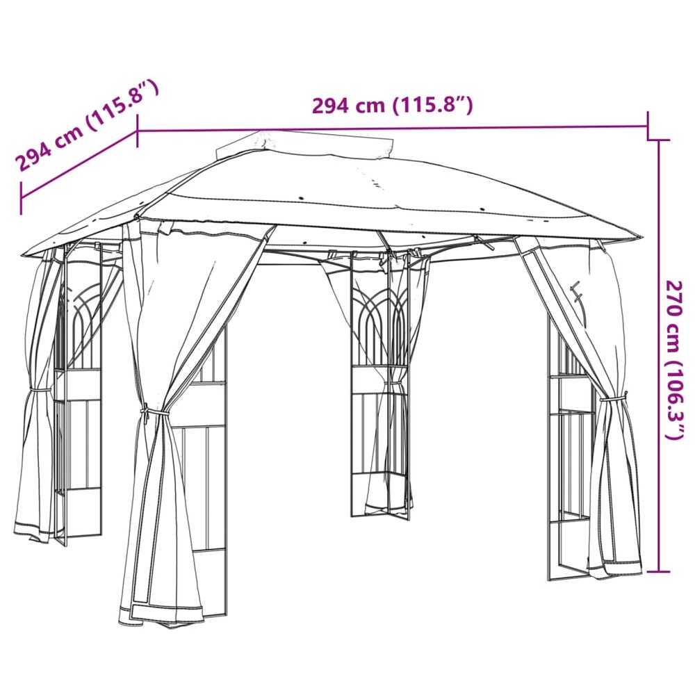 Partytent Prieel zijwanden van gaas en dubbel dak 2,94x2,94 m staal cr&egrave;me