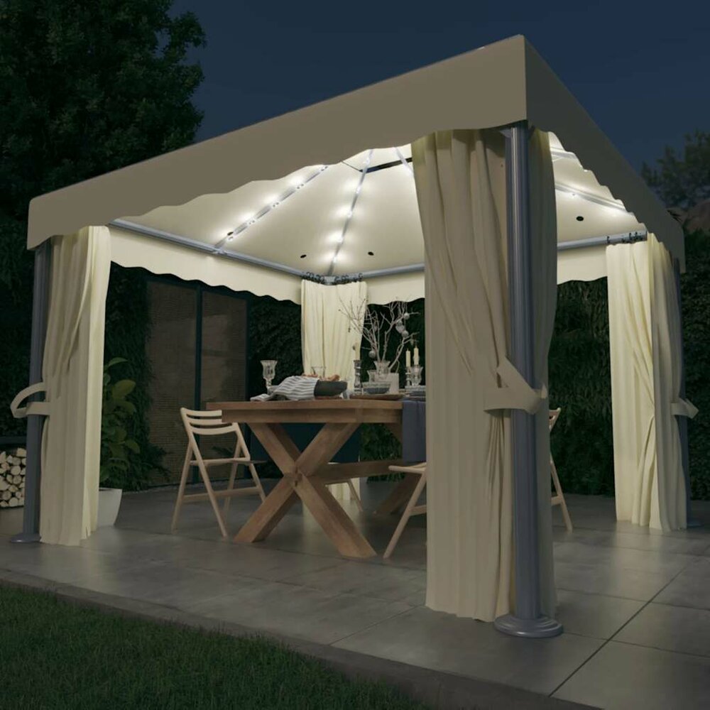Partytent Prieel met gordijn en LED-lichtslinger 3x3 m cr&egrave;mewit