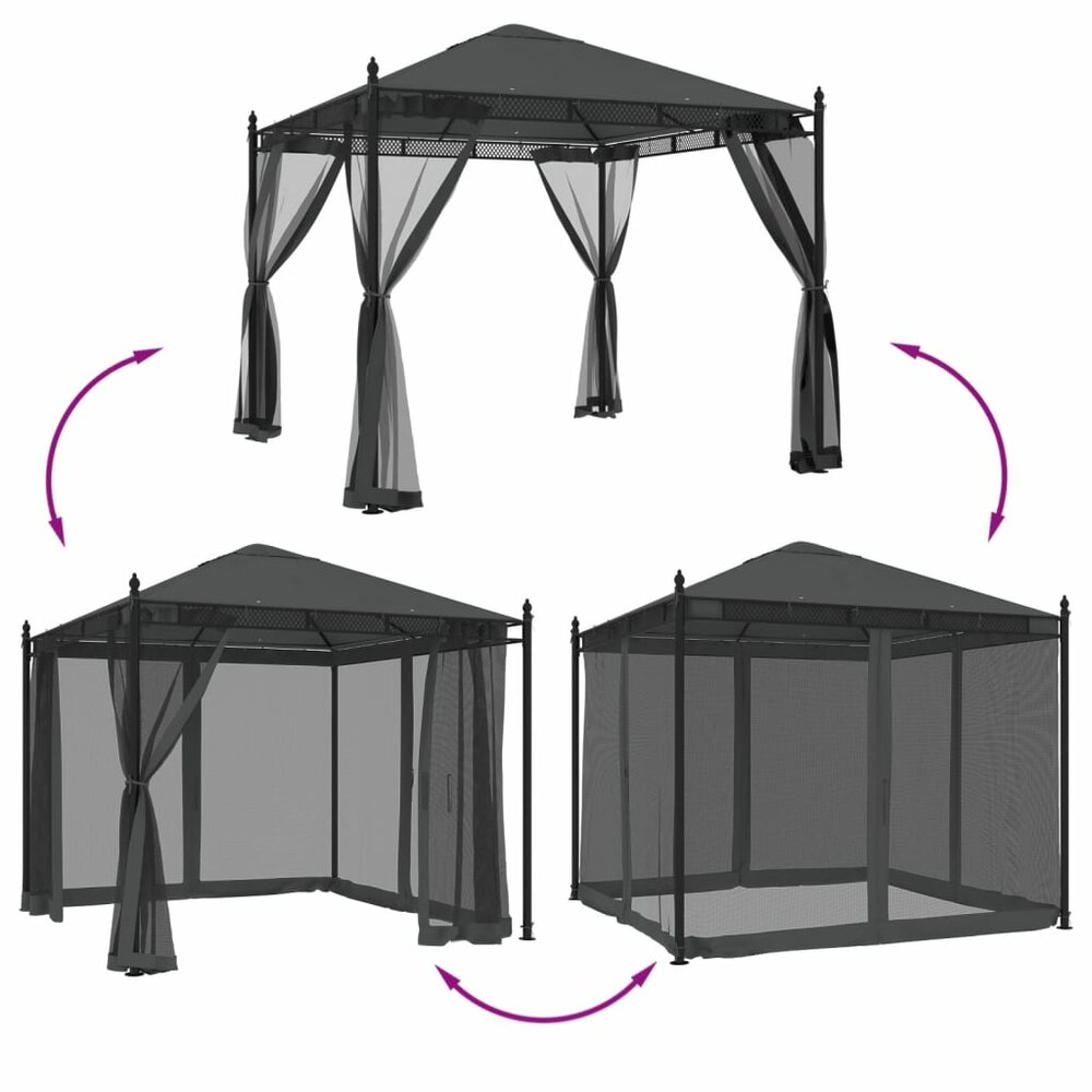 Partytent Prieel met zijwanden van gaas 2,93x2,93m staal antracietkleurig