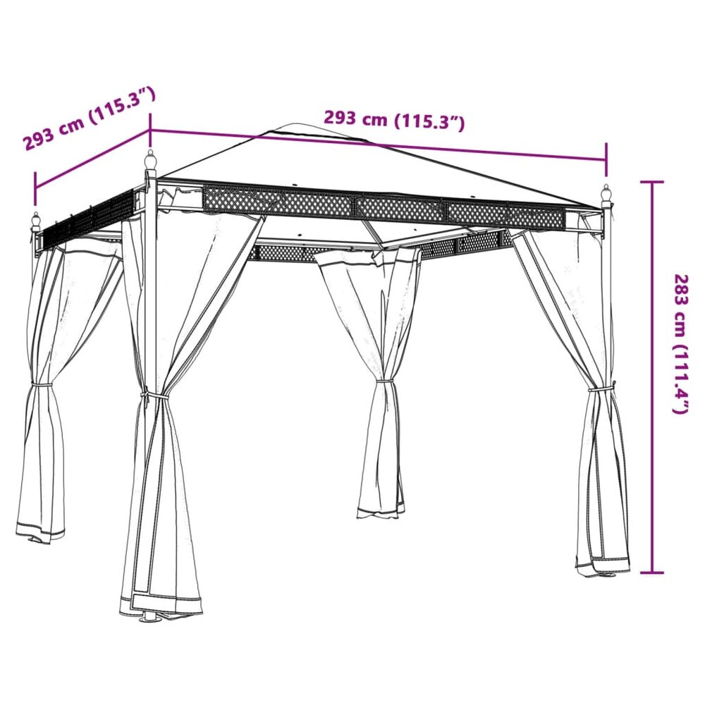 Partytent Prieel met zijwanden van gaas 2,93x2,93m staal antracietkleurig