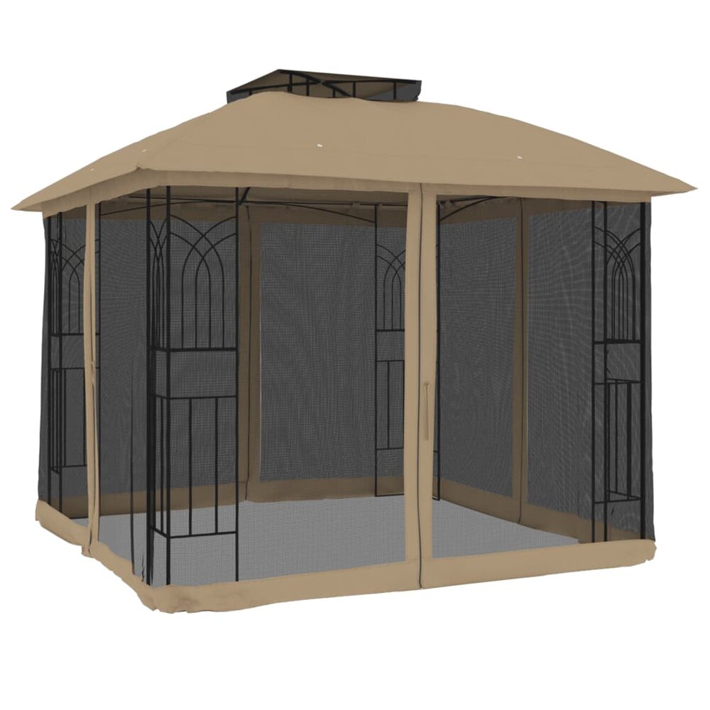 Partytent met zijwanden van gaas en dubbel dak 2,94x2,94 m staal taupe
