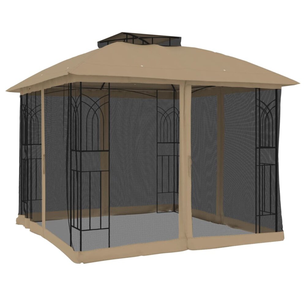 Partytent met zijwanden van gaas en dubbel dak 2,94x2,94 m staal taupe