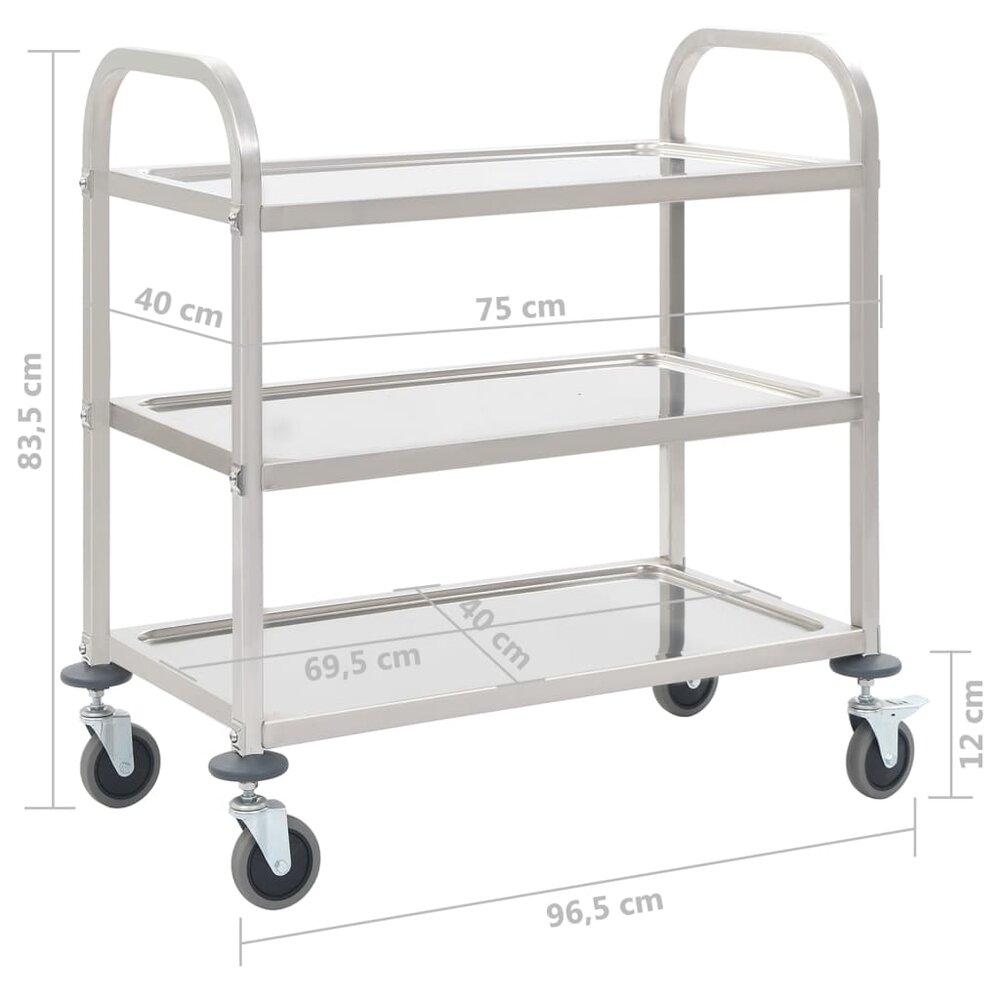 Keukentrolley RVS 3-Laags serveerwagen Roestvrij Staal 95 x 45 x 83.5 cm 