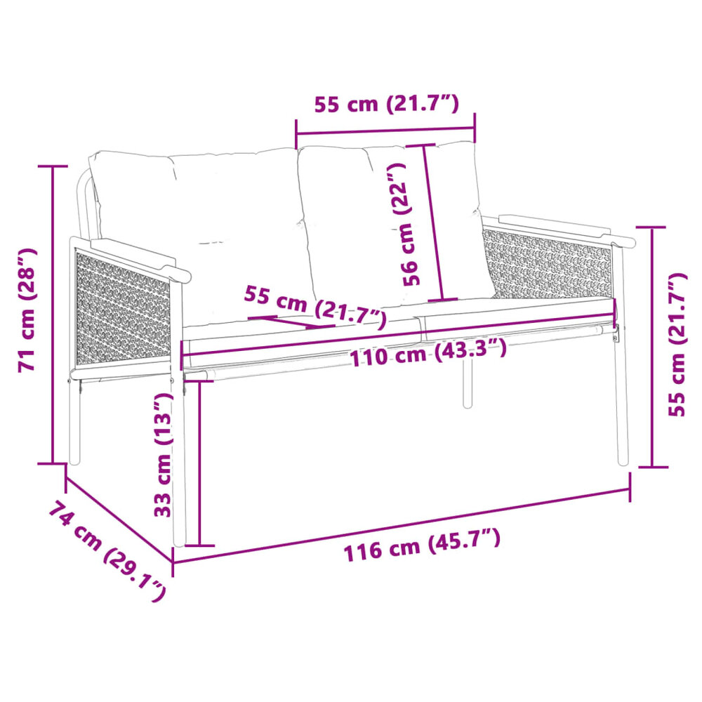 Tuinbank Mischa Met Kussens 116 Cm Staal Zwart