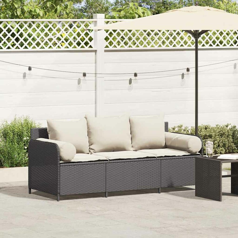 Tuinbank Pitart 3-zits met kussens poly rattan zwart