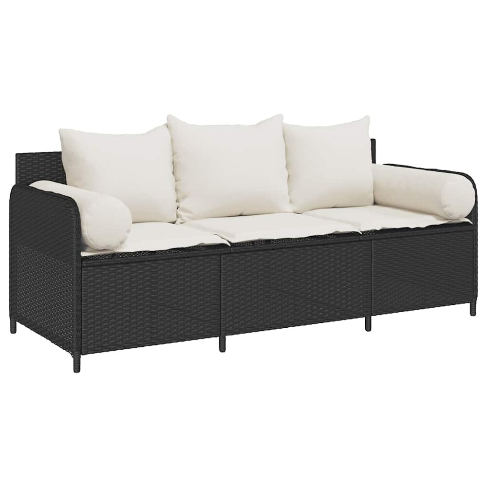 Tuinbank Pitart 3-zits met kussens poly rattan zwart
