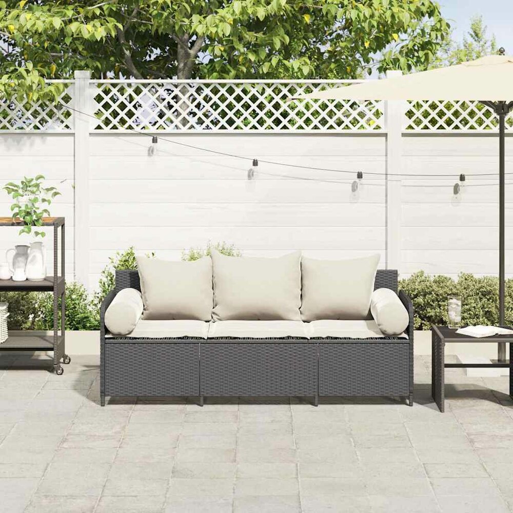 Tuinbank Pitart 3-zits met kussens poly rattan zwart