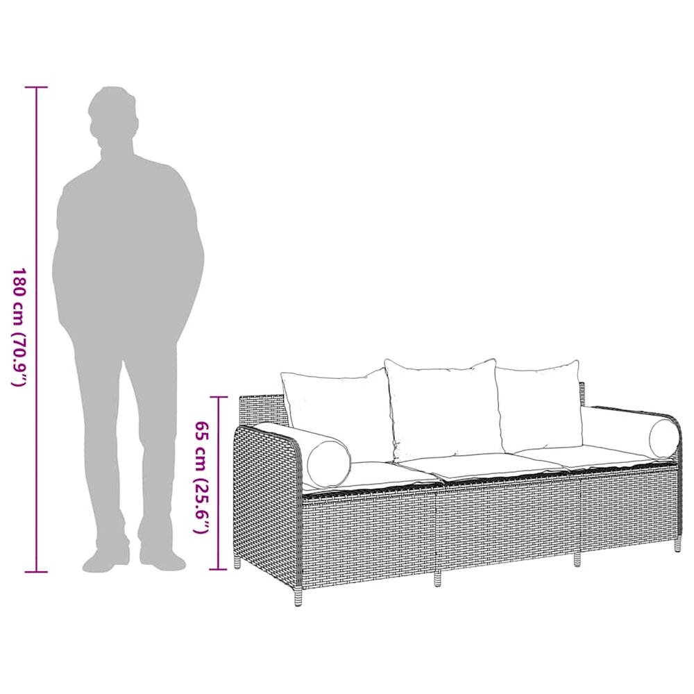 Tuinbank Pitart 3-zits met kussens poly rattan zwart