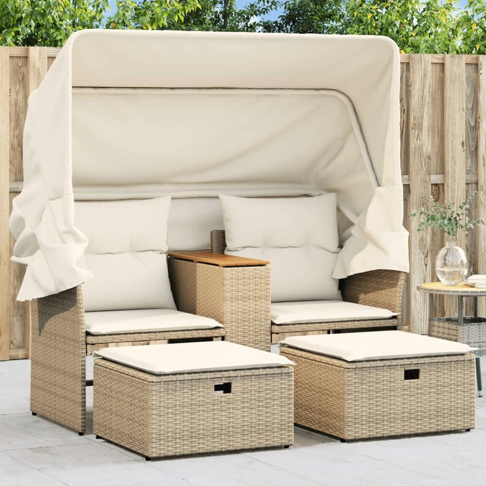Tuinbank Miranda 2-zits met luifel en voetenbanken poly rattan beige