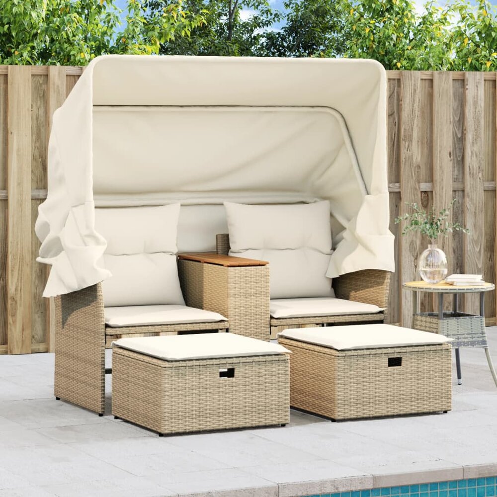 Tuinbank Miranda 2-zits met luifel en voetenbanken poly rattan beige