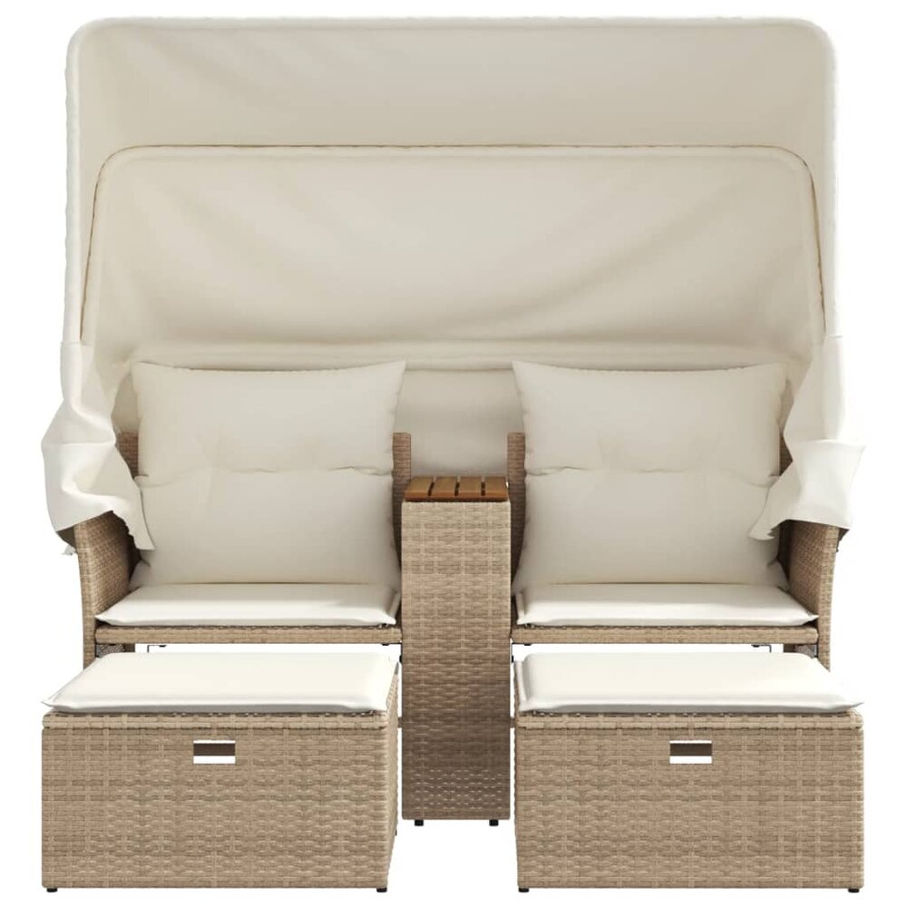 Tuinbank Miranda 2-zits met luifel en voetenbanken poly rattan beige