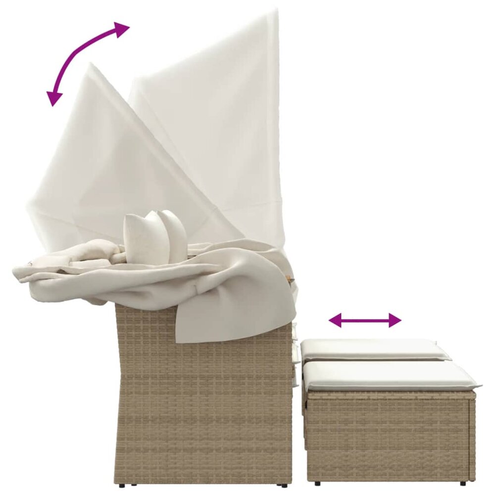 Tuinbank Miranda 2-zits met luifel en voetenbanken poly rattan beige