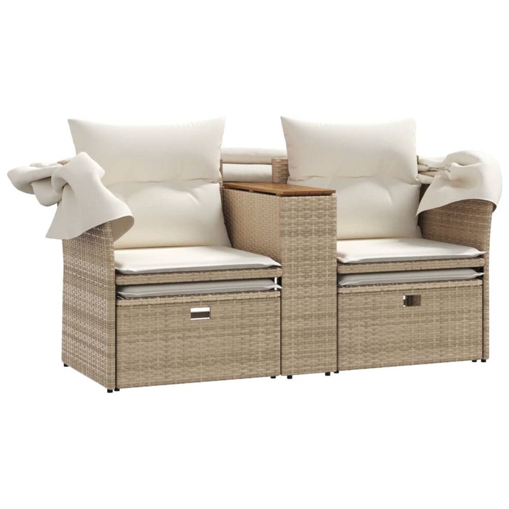 Tuinbank Miranda 2-zits met luifel en voetenbanken poly rattan beige
