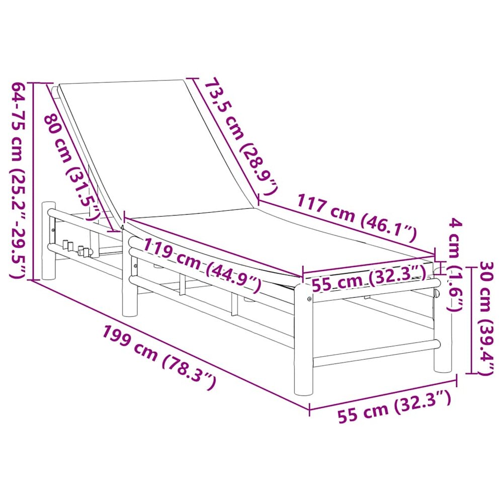 Ligstoel Moroso met kussens 55x199x30 cm bamboe