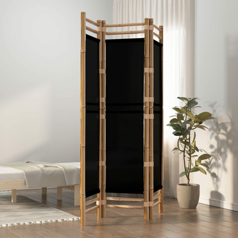 Kamerscherm Linda zwart 3-panelen 120 cm bamboe en canvas