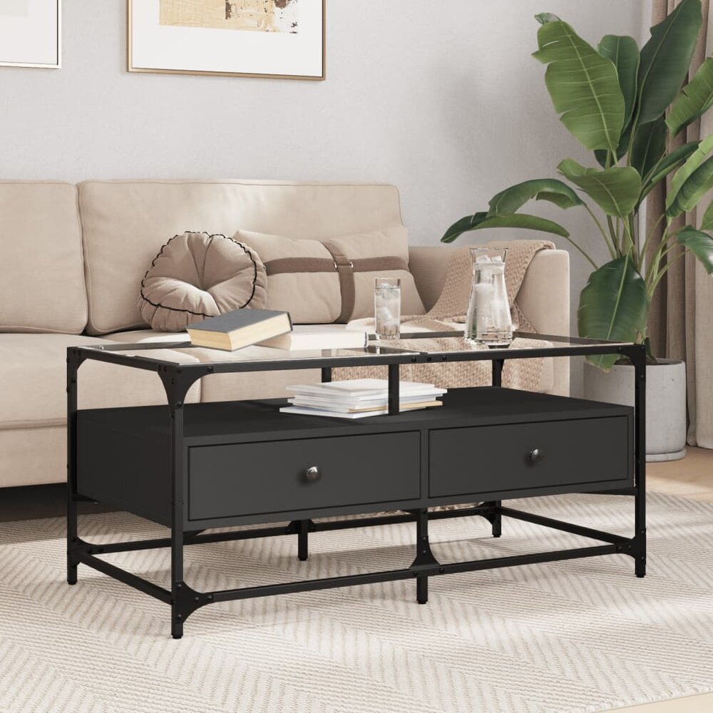 Salontafel Casimir met lades en glazen blad 98,5x50x45 cm staal