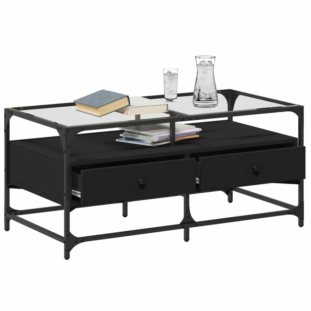 Salontafel Casimir met lades en glazen blad 98,5x50x45 cm staal