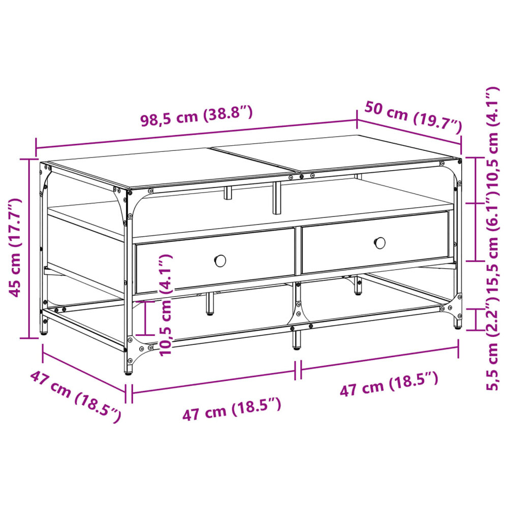 Salontafel Casimir met lades en glazen blad 98,5x50x45 cm staal