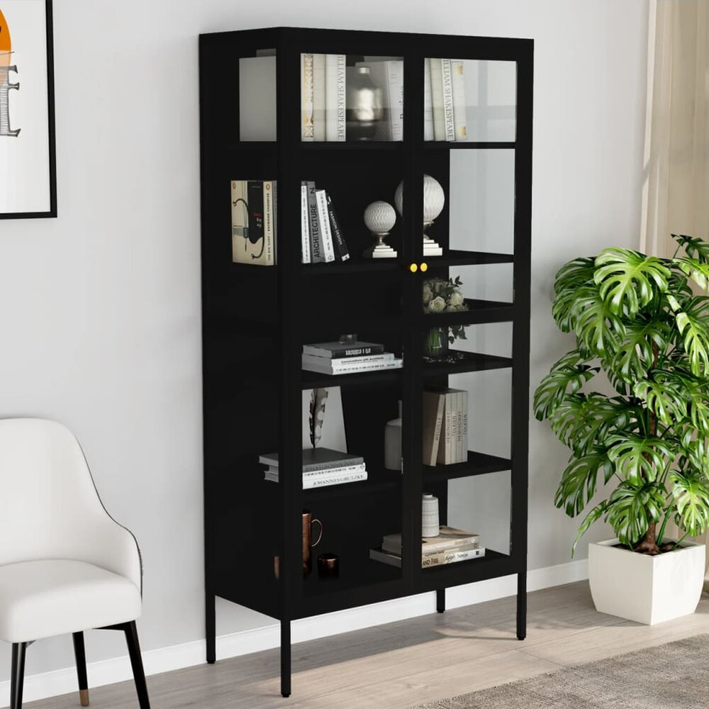 Vitrinekast Amber 90x40x180 cm staal en gehard glas zwart