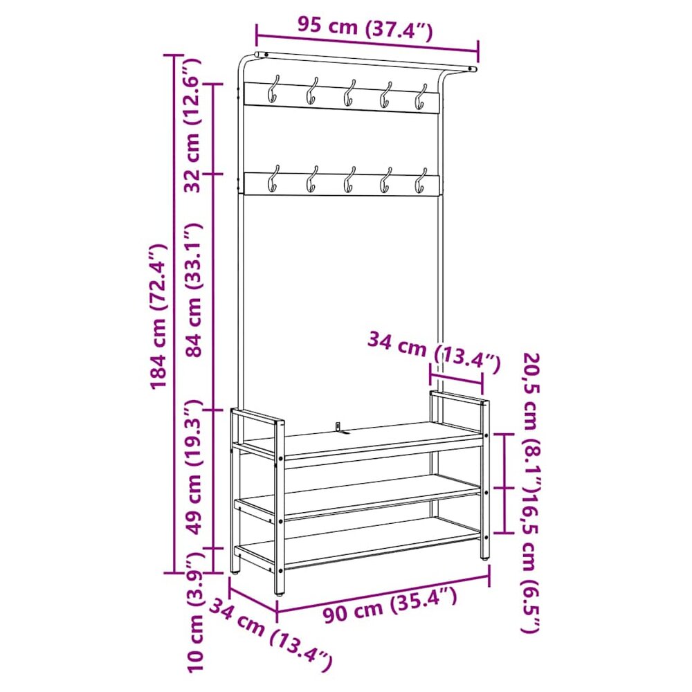 Kapstok Hansi met plank Zwart eiken 95 x 34 x 184 cm Bewerkt hout