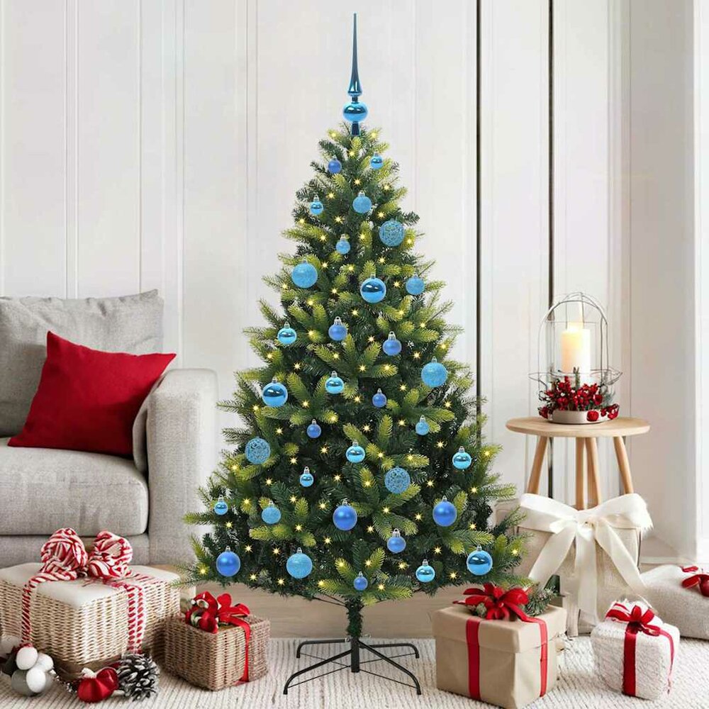 Kunstkerstboom groen met blauwe ballen en 150 LEDs 150 cm
