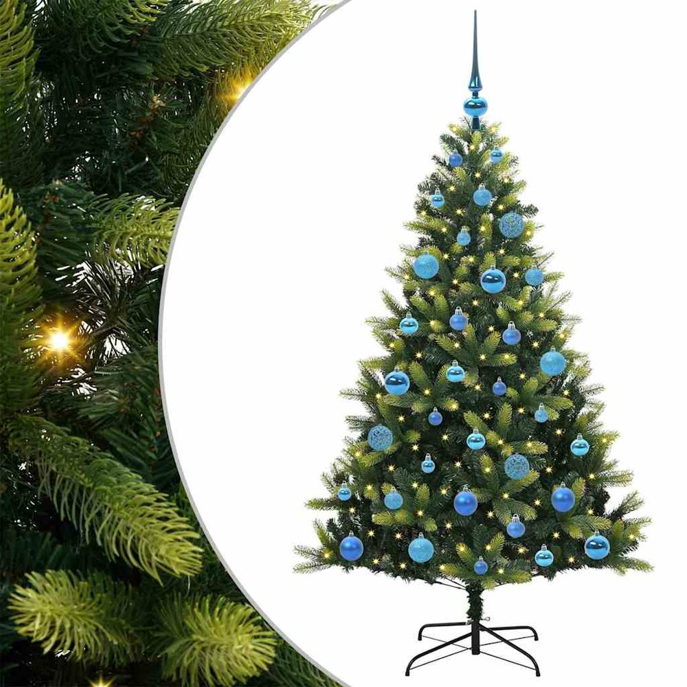 Kunstkerstboom groen met blauwe ballen en 150 LEDs 150 cm