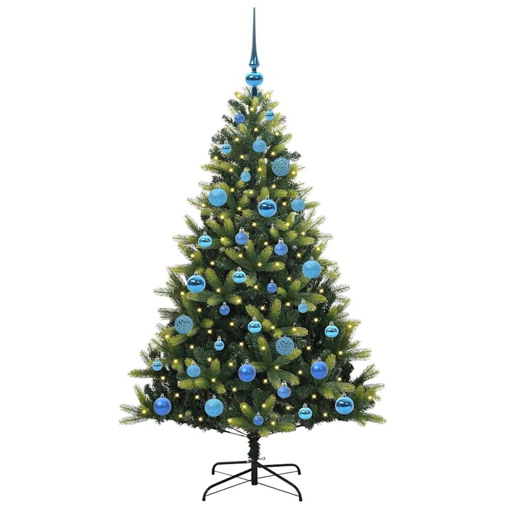 Kunstkerstboom groen met blauwe ballen en 150 LEDs 150 cm
