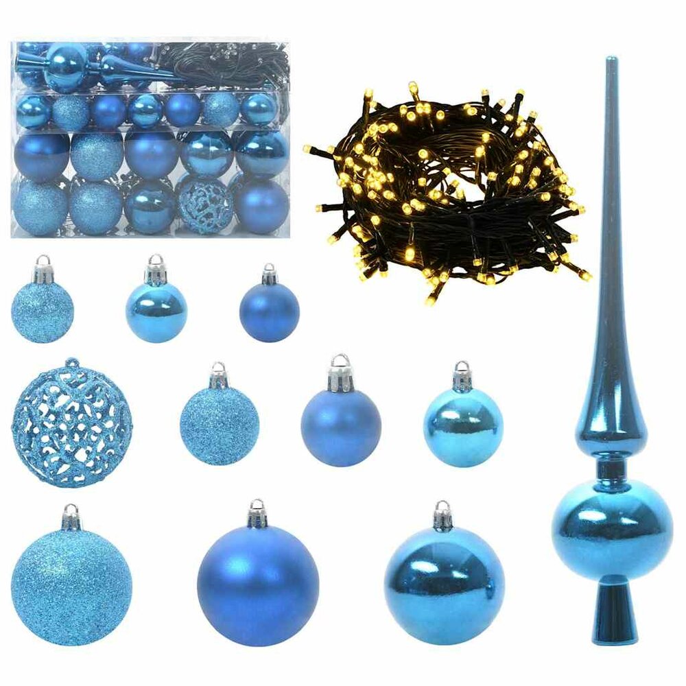 Kunstkerstboom groen met blauwe ballen en 150 LEDs 150 cm