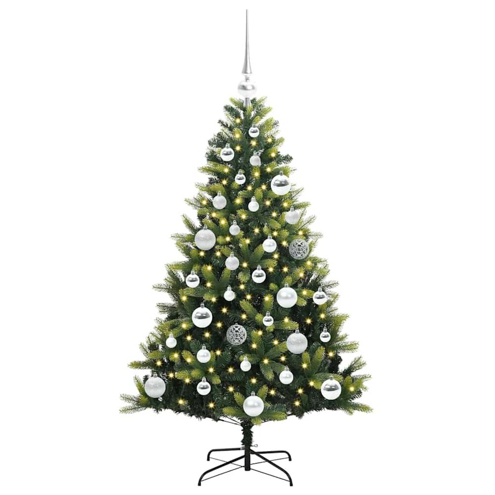 Kant en klare sfeervolle kunstkerstboom met lampjes en zilveren ballen